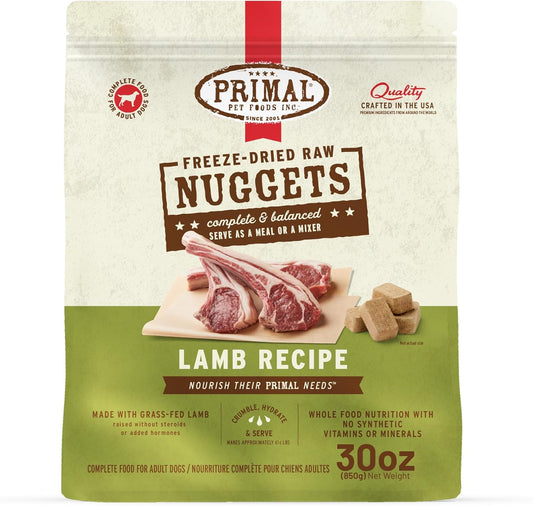 Primal Freeze Dried Raw Dog Food Nuggets, Lamb, Complete & Balanced Meal, Also Use as Topper or Treat, Premium, Healthy, Grain Free, High Protein Raw Dog Food, 30 oz