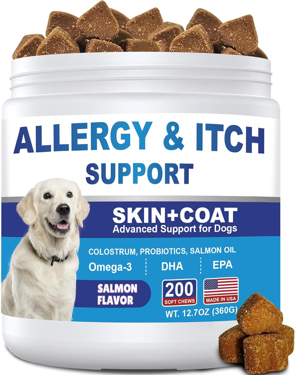 Dog Allergy Chews 200ct, Dog Allergy and Itching Skin Relief Bites Anti-Itch Skin & Coat Supplement Immune Support with Colostrum for Itchy Skin and Itchy Ears Licking Paws for Dogs Seasonal Allergies