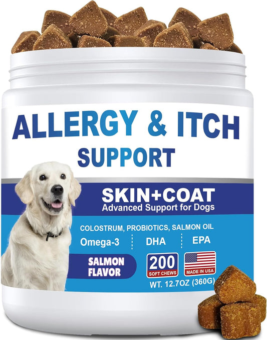 Dog Allergy Chews 200ct, Dog Allergy and Itching Skin Relief Bites Anti-Itch Skin & Coat Supplement Immune Support with Colostrum for Itchy Skin and Itchy Ears Licking Paws for Dogs Seasonal Allergies