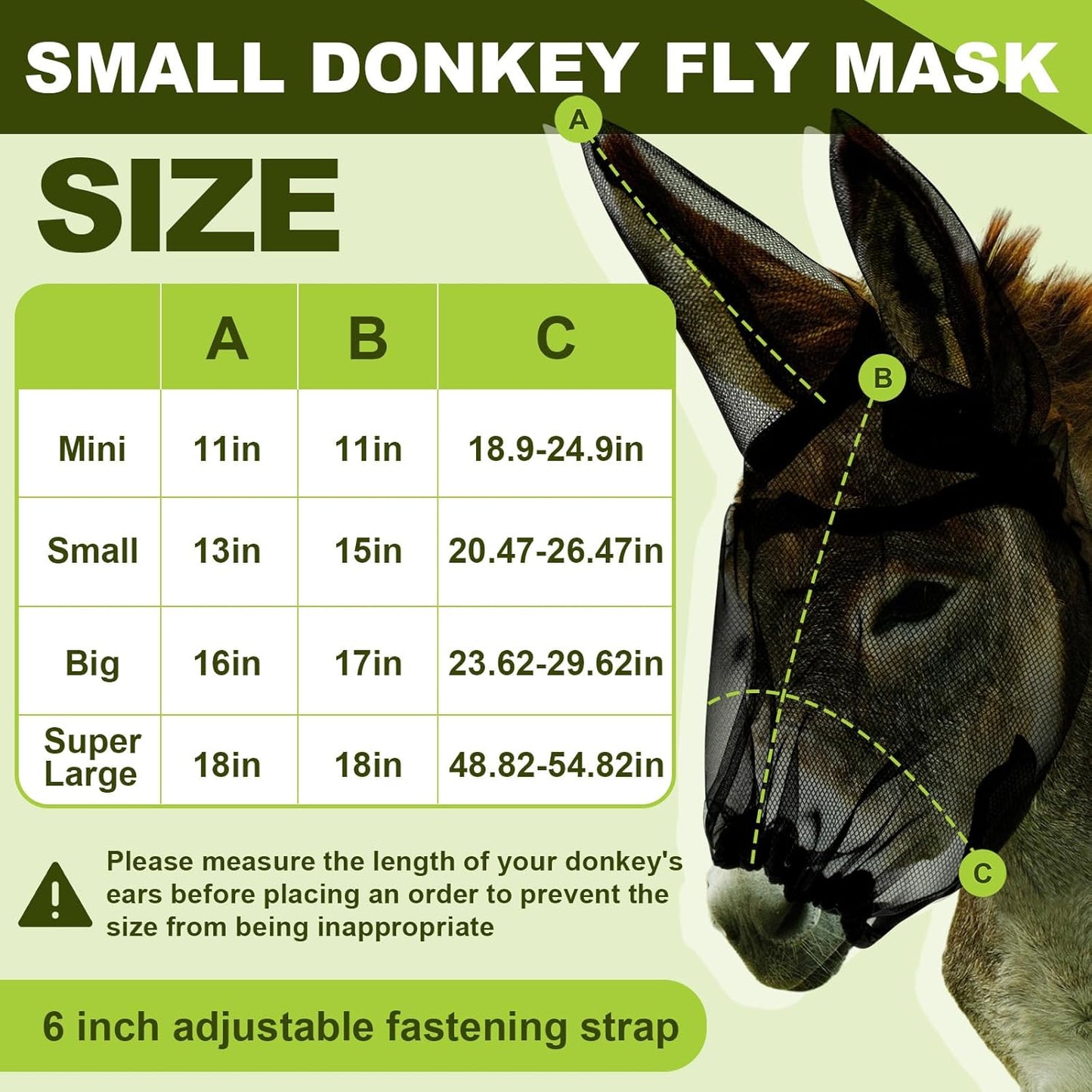Small Donkey Fly Mask with Ears Protection Breathable Mule Fly Mask with Long Ears Protection from Insects and Bugs Soft Mesh with Adjustable Fastener Easy to get on and Off(Black)