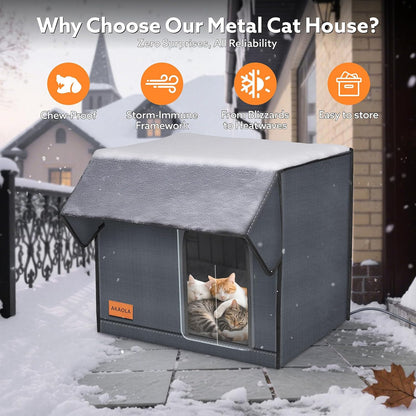 Large Heated Cat House for Outdoor Cats in Winter, Weatherproof & Elevated Outdoor Feral Cat Houses with Pet Heating Pad Bed, Outside Cat House for Stray Barn Cat
