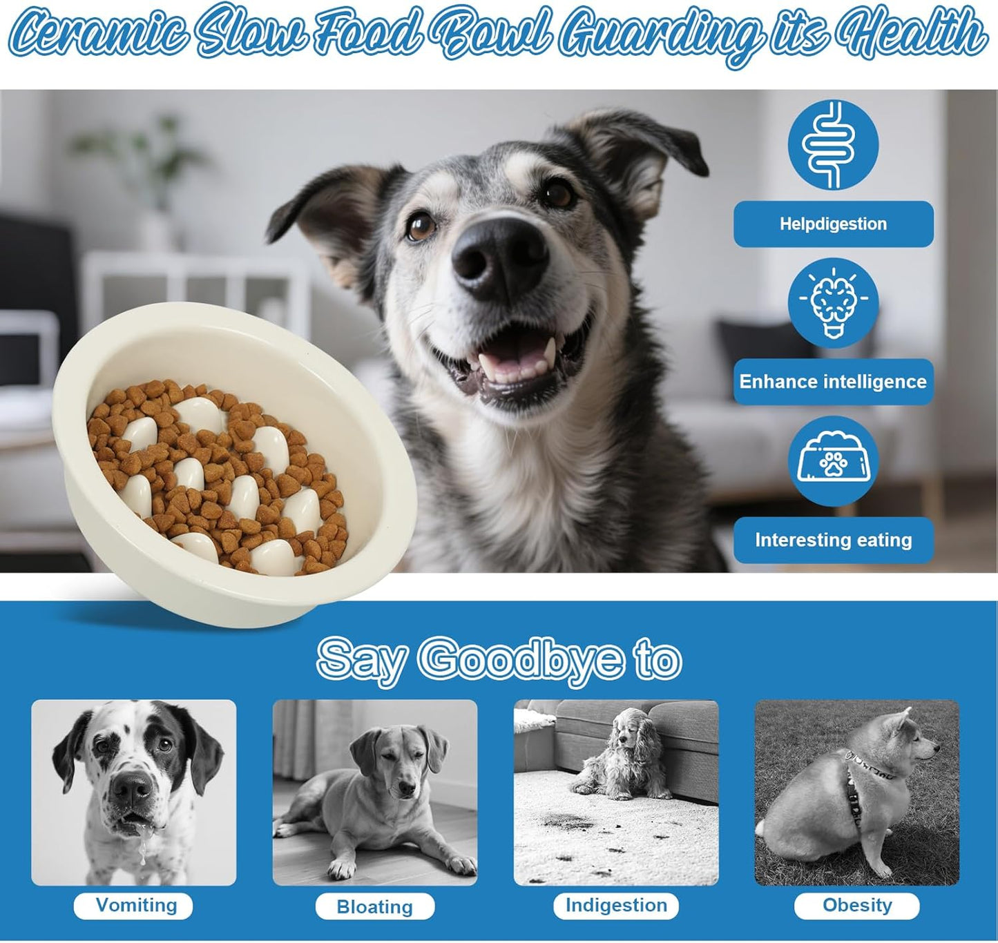 Ceramic Slow Feeder Dog Bowl 6.3inch Dog Food Dish Anti-Choking Puzzle Dogs Food Bowls Pet Slow Feeders Slows Down Eating Bloat Stop for Medium and Small Dogs and Cats