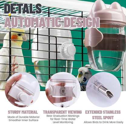 10.8Oz No Mess Bird Water Dispenser, Automatic Bird Water Feeder with No Drip Needle Nozzle, Parrot Parakeet Waterer Bottle for Cage Accessories (White, ONE)