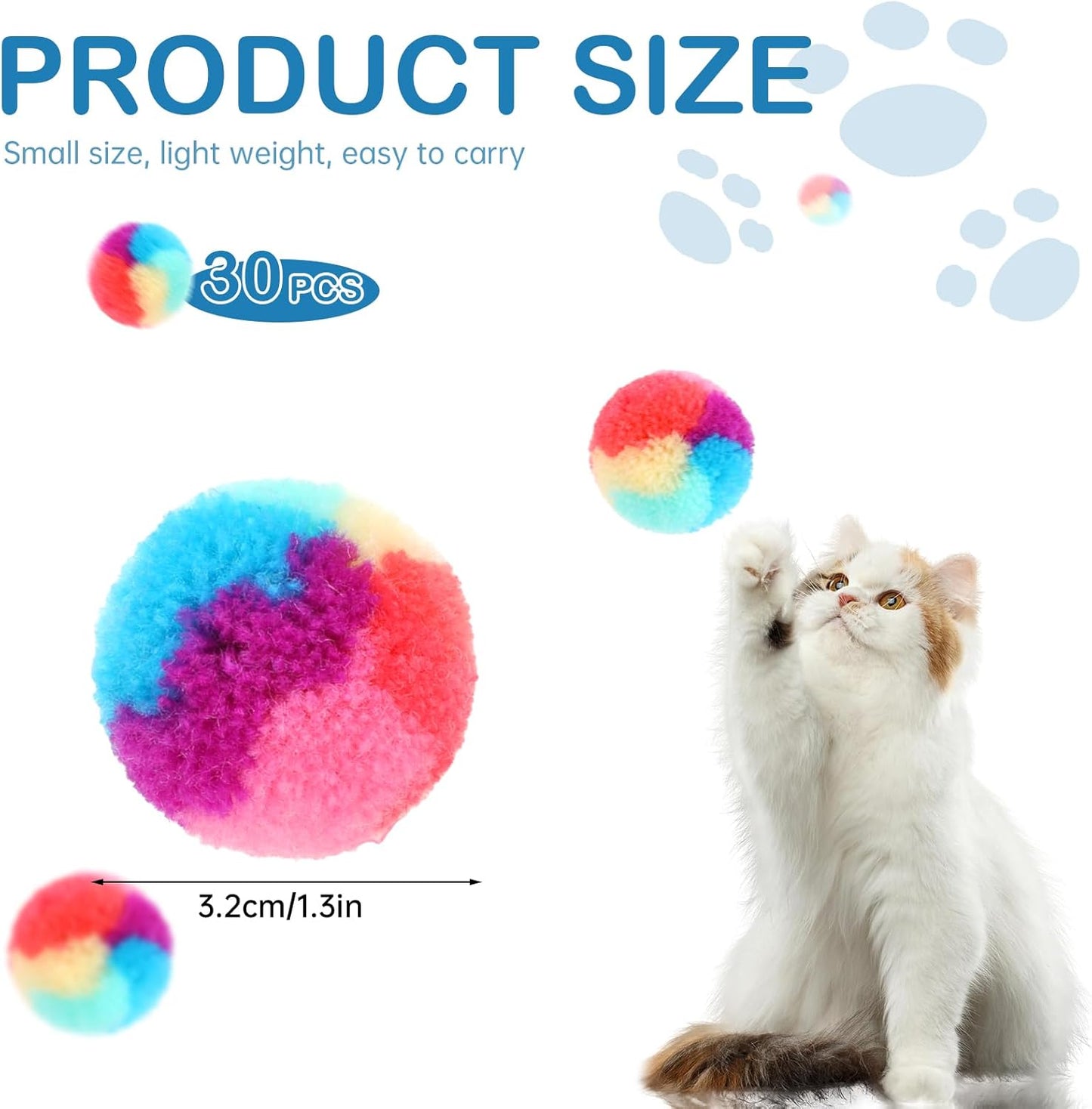 KALIONE 30 Pcs Soft Plush Cat Ball 1.2-inch Rainbow Cat Toy Balls Fuzzy Kitty Balls Kitten Puff Balls Colorful Cat Pom Pom Balls for Cat Kitten Pet Playing Exercising