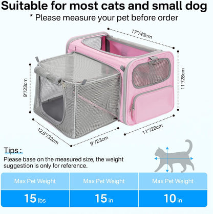 Expandable Cat Carrier, Airline Approved Soft Sided Pet Carrier for Cats & Small Dogs Up to 15 lbs, with Locking Safety Zippers & Cozy Fleece Pad, Portable for Car & Vet Visits, Pink