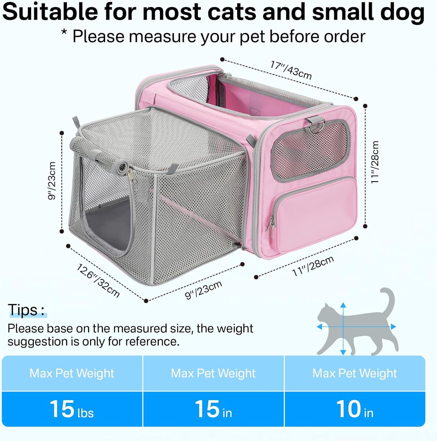 Expandable Cat Carrier, Airline Approved Soft Sided Pet Carrier for Cats & Small Dogs Up to 15 lbs, with Locking Safety Zippers & Cozy Fleece Pad, Portable for Car & Vet Visits, Pink