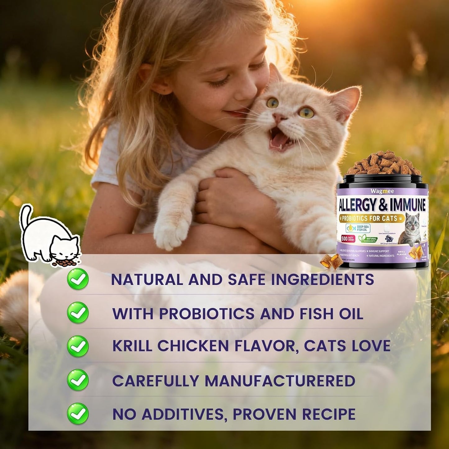 Cat Allergy Relief for Cats with Probiotics & Fish Oil - 500 Crunchy & Creamy Chews for Itchy Skin, Seasonal Allergies, Immune, Skin & Coat Support - with Omega 3 for All Breeds & Ages - Krill Flavor