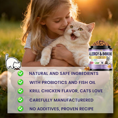 Cat Allergy Relief for Cats with Probiotics & Fish Oil - 500 Crunchy & Creamy Chews for Itchy Skin, Seasonal Allergies, Immune, Skin & Coat Support - with Omega 3 for All Breeds & Ages - Krill Flavor