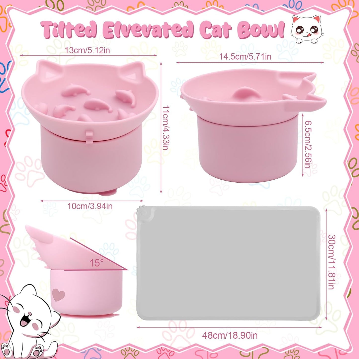 2 Pack Pink, Blue Slow Feeder for Cat Bowls, Silicone Tilted Raised Pet Bowl with Non Slip Base for Digestion Anti Vomit