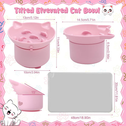 2 Pack Pink, Blue Slow Feeder for Cat Bowls, Silicone Tilted Raised Pet Bowl with Non Slip Base for Digestion Anti Vomit