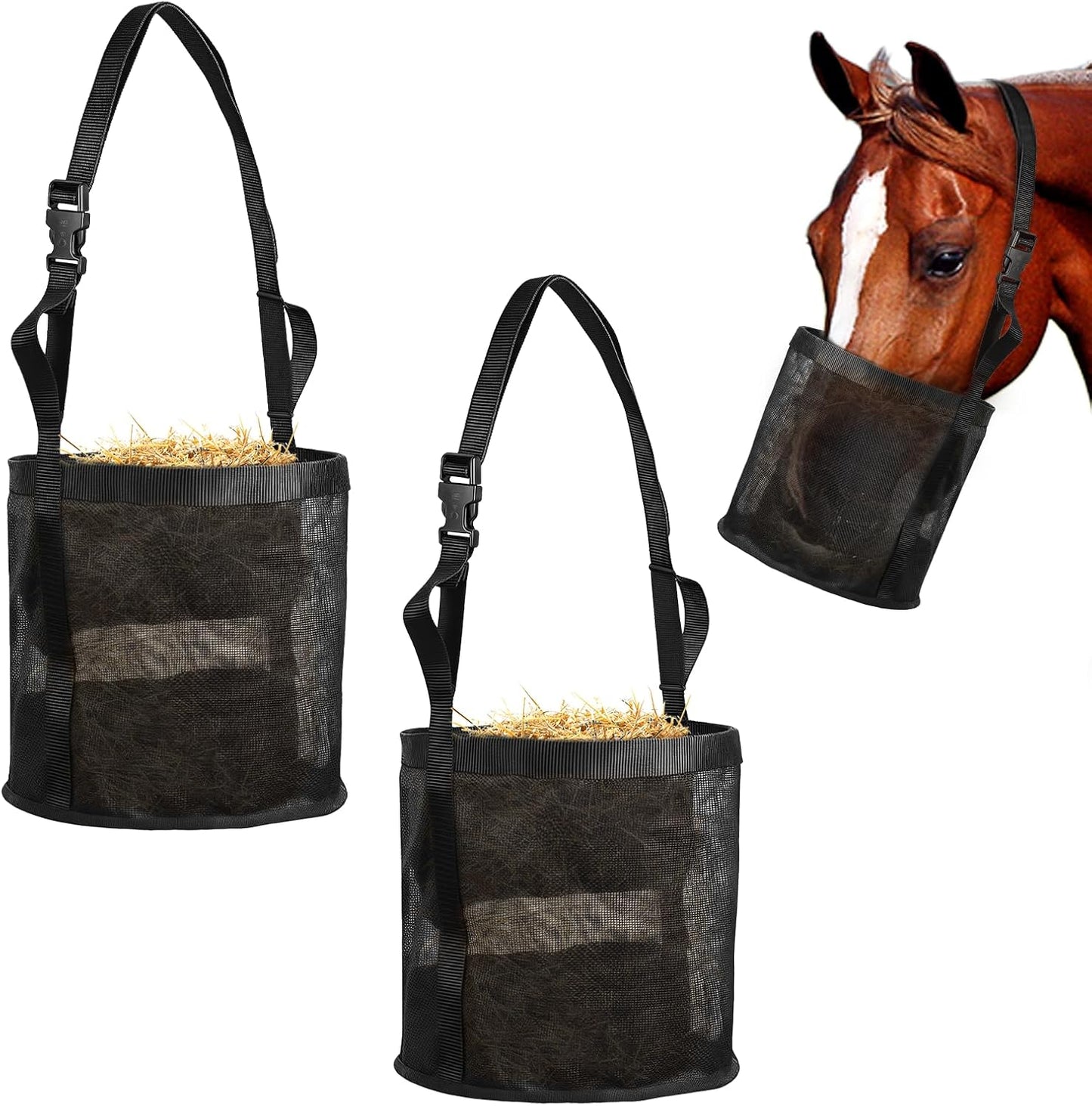 2 Pcs Horse Feed Bag Comfort Breathable Mesh Feed Bucket Heavy Duty Feed Bag with Adjustable Strap and Waterproof Bottom for Horse Feeding Supplies Muzzle Feed Bag, Medium (Black)