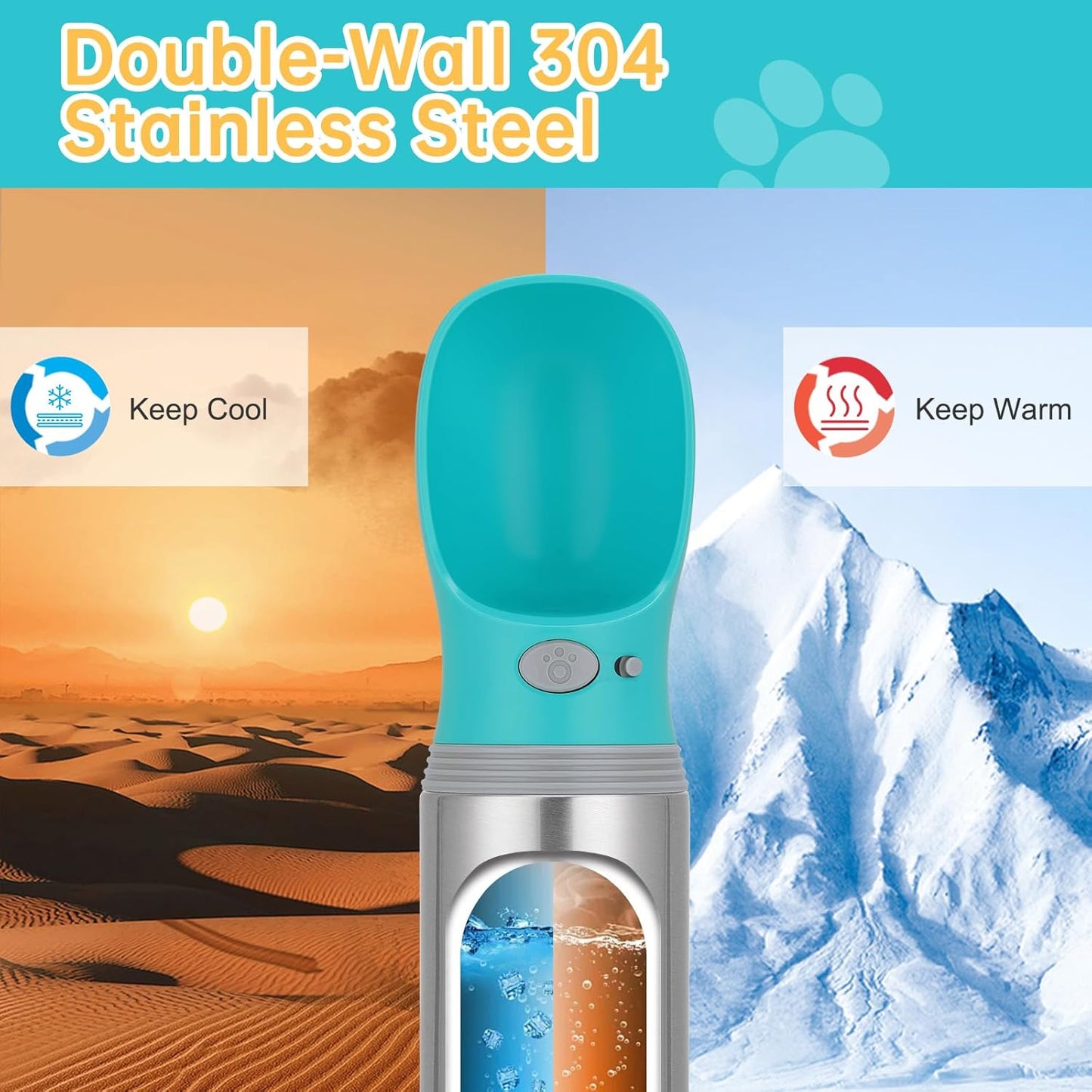 Portable Dog Water Bottle, 14 OZ, Stainless Steel Leak Proof Puppy Water Dispenser with Drinking Feeder for Pets Travel, Walking, Hiking and Outdoor Activities