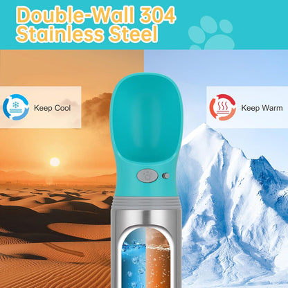 Portable Dog Water Bottle, 14 OZ, Stainless Steel Leak Proof Puppy Water Dispenser with Drinking Feeder for Pets Travel, Walking, Hiking and Outdoor Activities