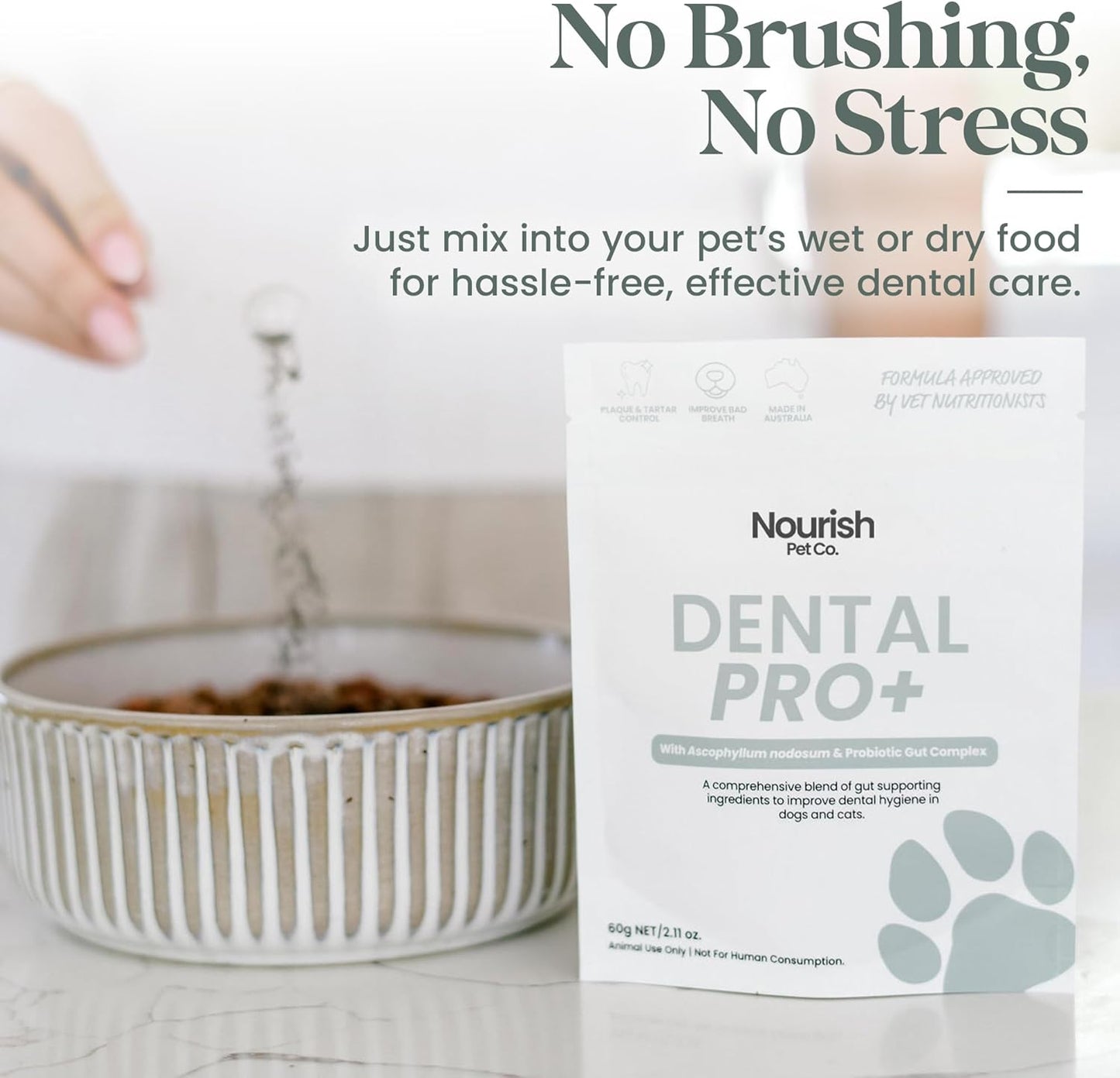 Nourish Pet Co. Dental Pro+ Pet Dental Powder, Cat & Dog Teeth Cleaning Powder, Breath Freshener, Fights Plaque and Tartar, Natural Ingredient Food Topper, 60 Servings