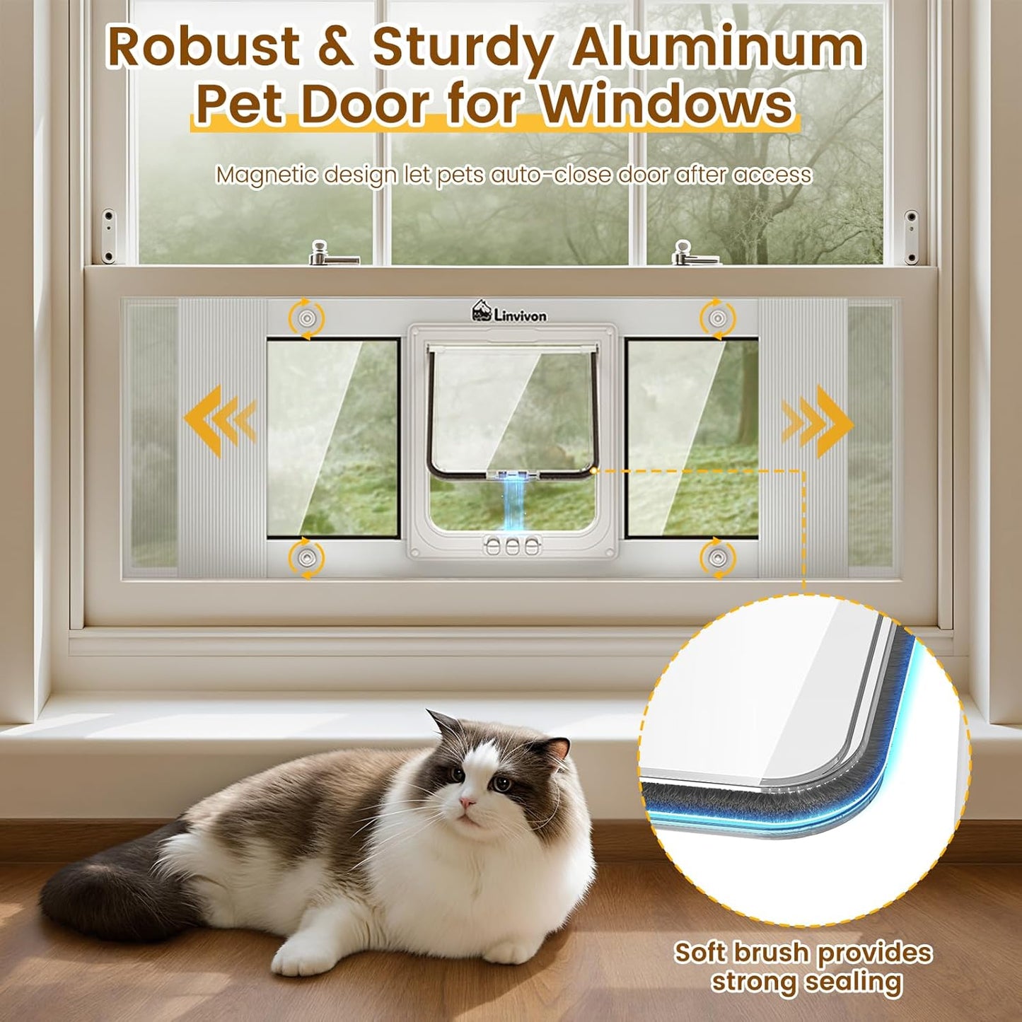 Cat Door for Window, Quick Installation Adjustable Width of 27"-32", Cat Window Door with 4 Locking Modes, Magnetic Closure Design, Weatherproof Aluminum Frame Cat Door Window Insert