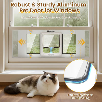 Cat Door for Window, Quick Installation Adjustable Width of 27"-32", Cat Window Door with 4 Locking Modes, Magnetic Closure Design, Weatherproof Aluminum Frame Cat Door Window Insert