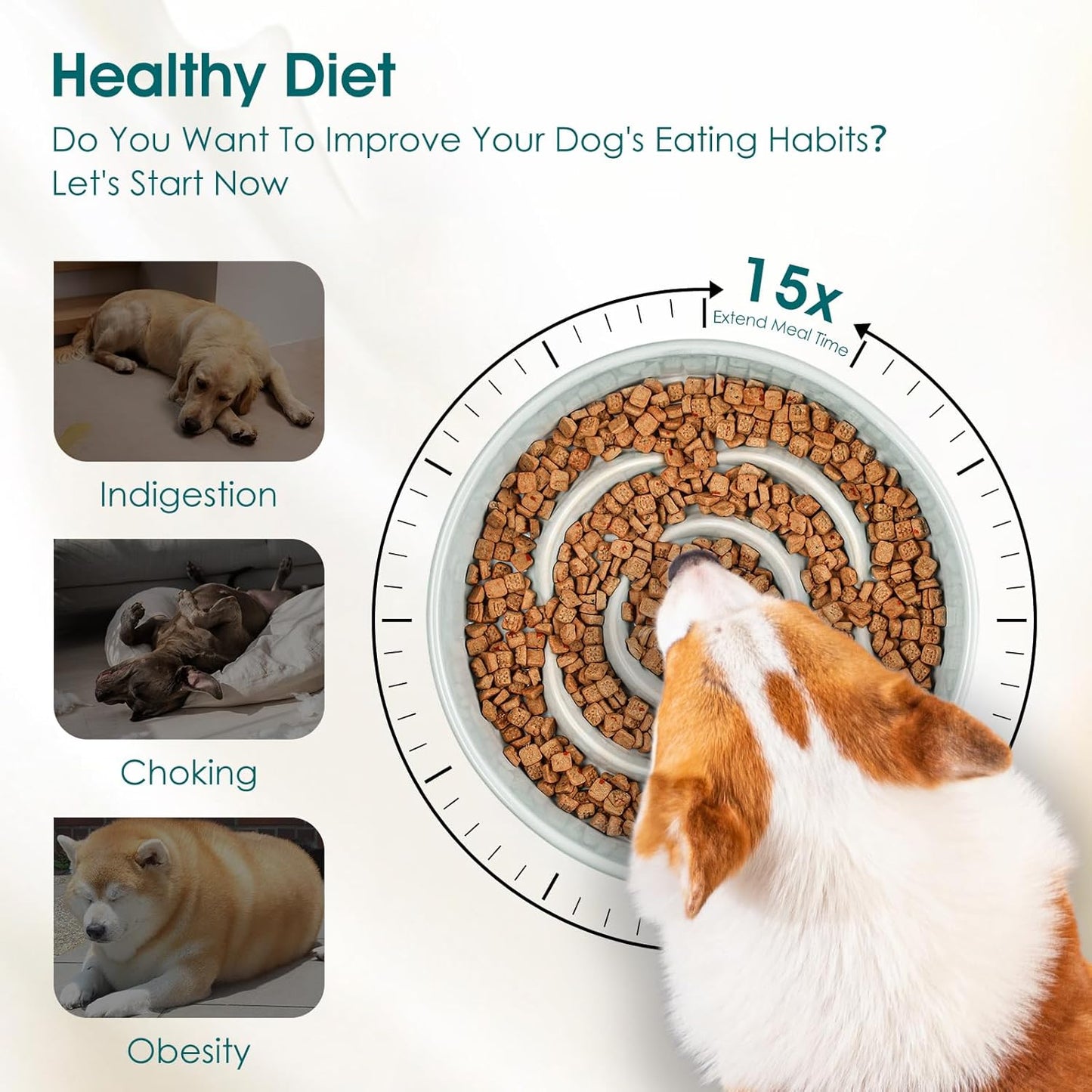 vancasso Slow Feeder Dog Bowl, 1.5 Cups Ceramic Dog Food Dish for Fast Eaters Small Breed, Puzzle Bowl for Small Dogs and Cats, Grayish Cyan