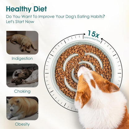 vancasso Slow Feeder Dog Bowl, 1.5 Cups Ceramic Dog Food Dish for Fast Eaters Small Breed, Puzzle Bowl for Small Dogs and Cats, Grayish Cyan