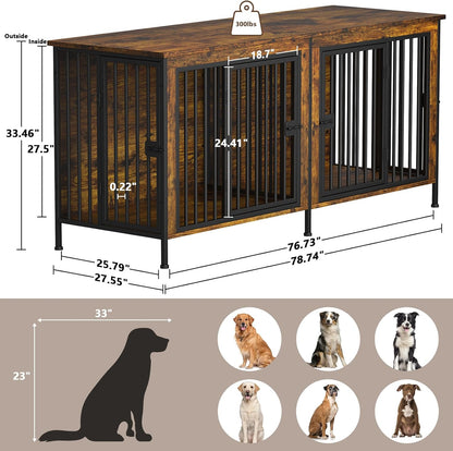 EasyCom Dog Crate Furniture for 1 or 2 Dogs, Heavy Duty Single/Double Dog Crates for Small/Medium/Large Dogs, Dog Kennel Furniture Indoor as TV Stand, Large Size 78.74" L(35-60 Pounds), Brown