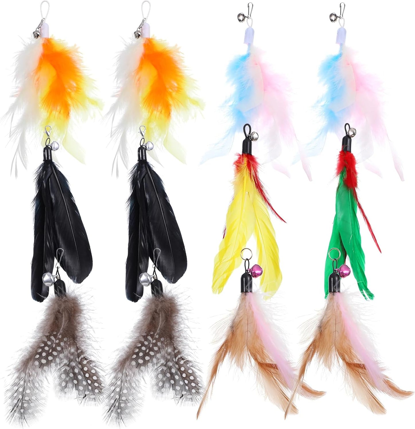 12 Pack Cat Feather Toys Refills with Bells Cats Wand Replacement Feathers Toy Natural Feather Replacement for Exercise Play Vibrant Wand Attachments Safe Cats Toy Accessories for Bored Indoor Cat