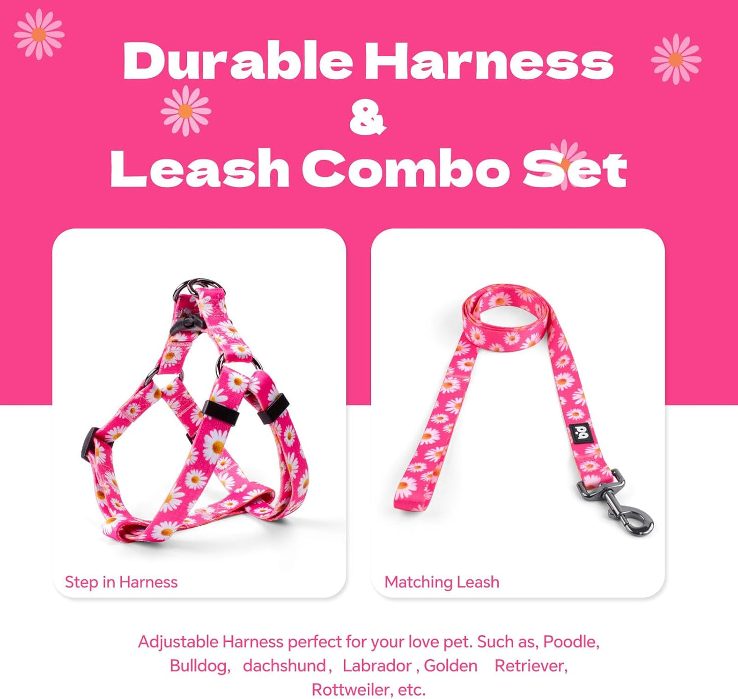 QQPETS Dog Harness Leash Set Adjustable Heavy Duty No Pull Halter Harnesses for Small Medium Large Breed Dogs Back Clip Anti-Twist Perfect for Walking (S(14"-20" Chest Girth), Daisy)