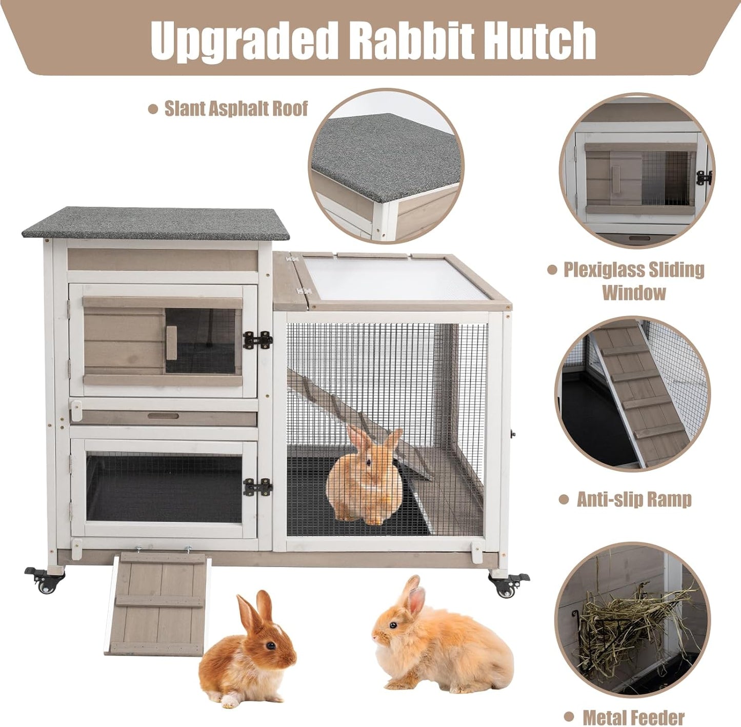 PetsCosset Rabbit Hutch Indoor 40" L Large 2 Story Outdoor Wooden Bunny Hutch with Run, 4 Metal Wheels & 2 Deeper Trays, UV-Proof Panel Rabbit Cage Guinea Pig Pet House for Small-Medium Animals