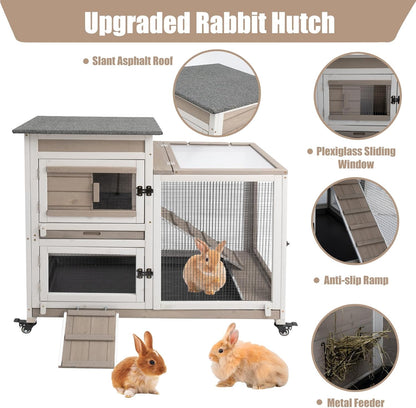 PetsCosset Rabbit Hutch Indoor 40" L Large 2 Story Outdoor Wooden Bunny Hutch with Run, 4 Metal Wheels & 2 Deeper Trays, UV-Proof Panel Rabbit Cage Guinea Pig Pet House for Small-Medium Animals
