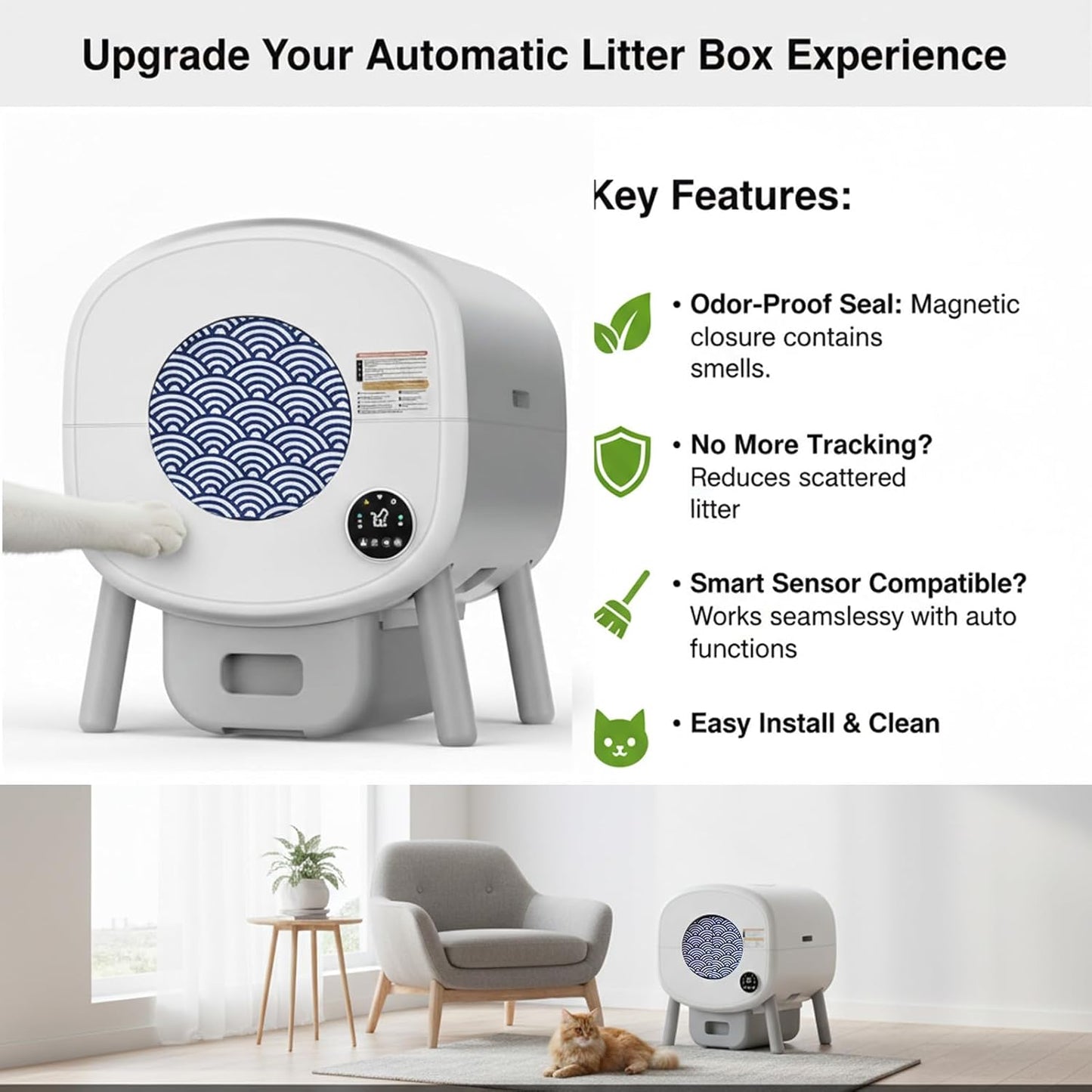 Smart Cat Litter Box Privacy Door - Odor & Tracking Control Curtain for Automatic Cat Litter Boxes - Fits 10-Inch Round Openings - Easy Installation, Keeps Home Fresh & Clean (WaveBlue)