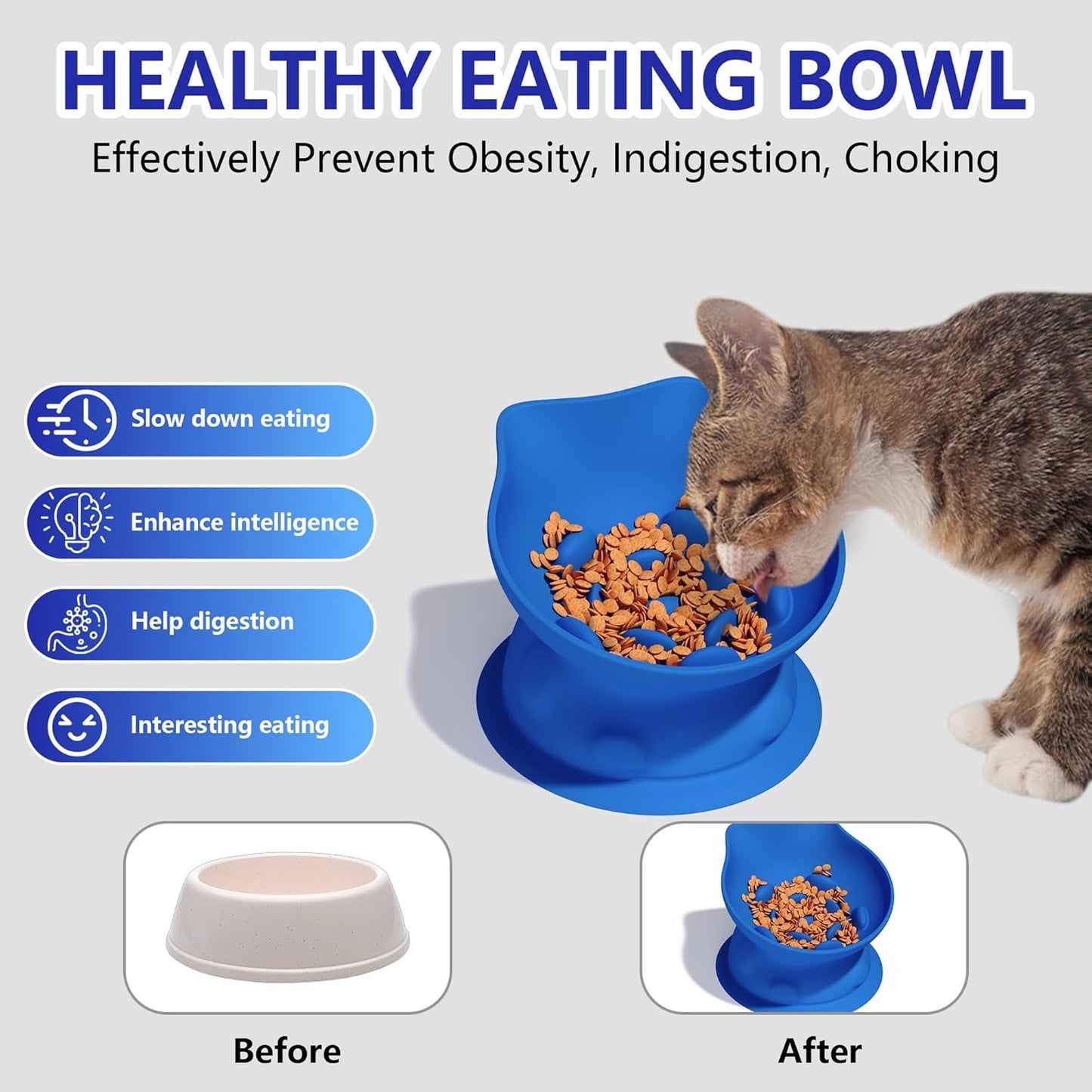 Slow Feed Cat Bowl, Elevated Cat Food Dish with Tilted Design, Dual-Use for Dry and Wet Food, Anti-Vomit, Anti-Choking, Easy to Clean