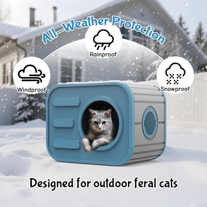 Outdoor Cat House, Outside Cat Shelter with Bed Mat for Feral Cat, Plastic Pet House for Indoor and Outdoor Use, Weatherproof, Blue