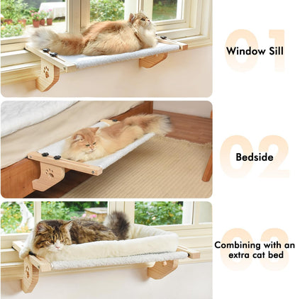 AMOSIJOY Cat Sill Window Perch Sturdy Cat Hammock Window Seat with Wood & Metal Frame for Large Cats, Easy to Adjust Cat Bed for Windowsill, Bedside, Drawer and Cabinet