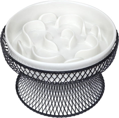 Raised Ceramic Cat Slow Feeder Bowl, Elevated Cat Plate with Stand, Slow Bowl for Wet and Dry Food, Whisker Friendly Pet Feeder for Kitten and Small Dog Perfect for Pet Gift