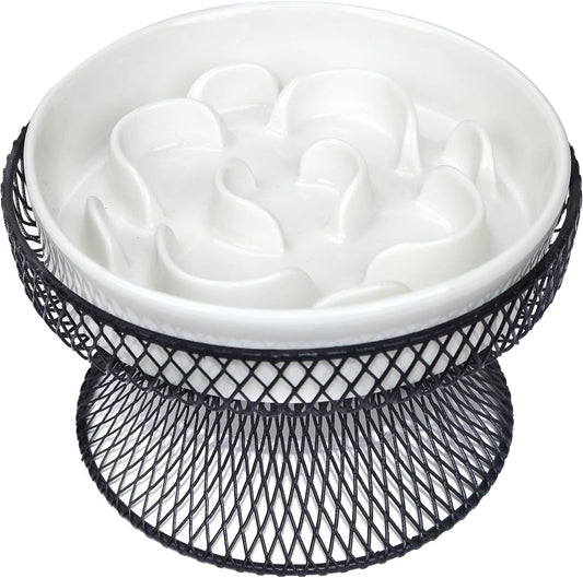 Raised Ceramic Cat Slow Feeder Bowl, Elevated Cat Plate with Stand, Slow Bowl for Wet and Dry Food, Whisker Friendly Pet Feeder for Kitten and Small Dog Perfect for Pet Gift