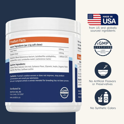 Oraticx PetBiome Probiotic Chew for Dogs - Supports Daily Digestive Health, Gut Balance, and Immune System - with Ginger Root, and Pumpkin Seed - Chicken Flavor, 90 Soft Chews