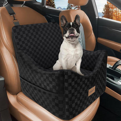 JOEJOY Elevated Dog Car Seat for Small/Medium Dogs up to 35 lbs, Memory Foam Booster Seat with Detachable Washable Cover, Travel-Safe Car Bed with Safety Belts & Storage Pockets, Black