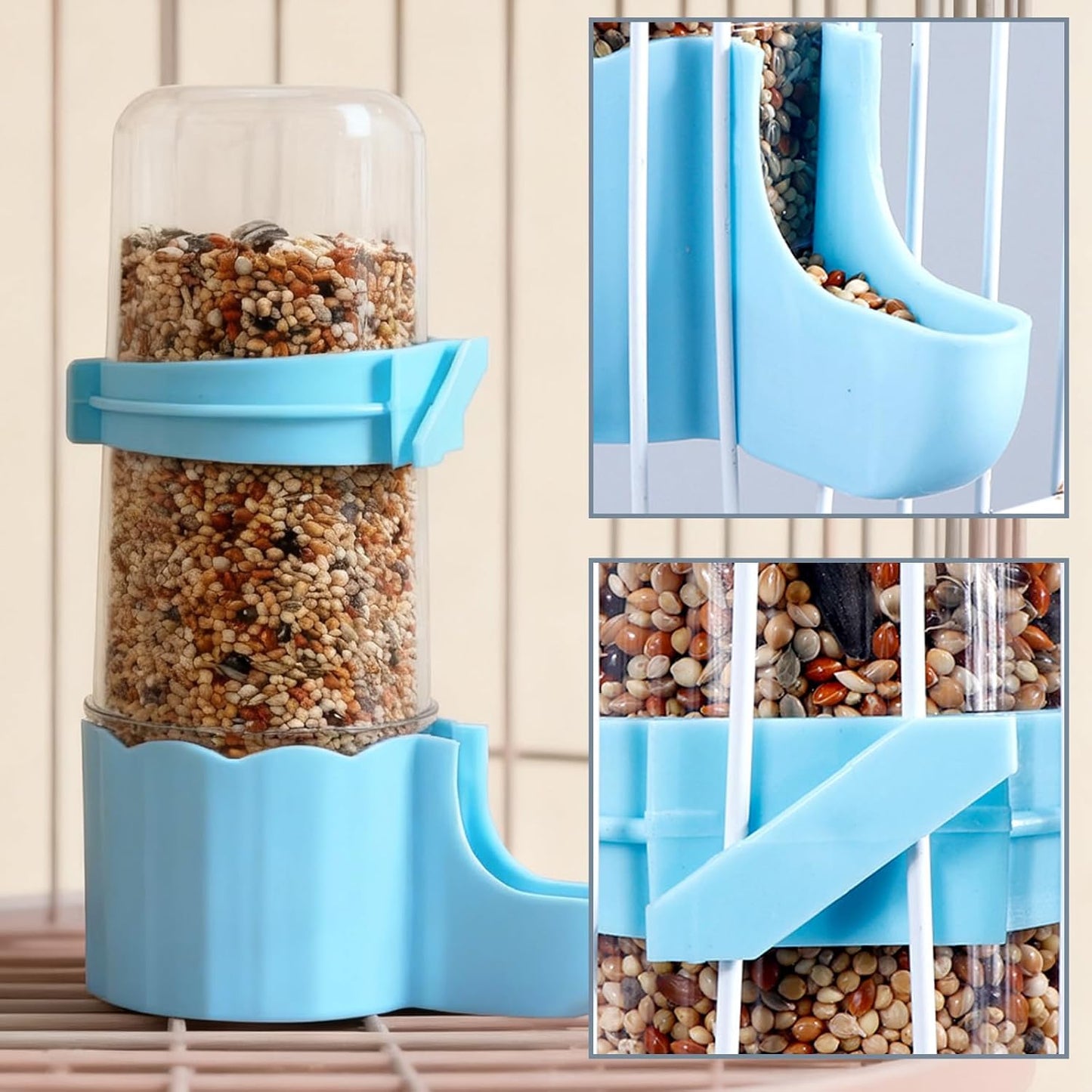 Small Animal Water Bottle No Drip, 8.29 Oz Transparent Auto-Add Food & Water Bottle for Hamster, Small Chicken, Parrot, Quail, Bird Water Dispenser for Wire or Acrylic Cage (Blue)