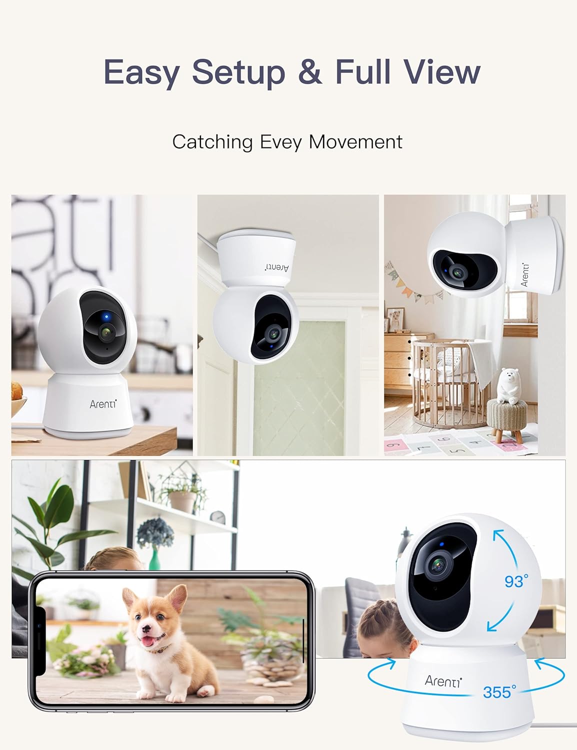 ARENTI 5G Indoor Security Camera, 4MP Pet Camera with Speaker for Dog/Cat, Baby Monitor with Phone App, Dual-Band WiFi, Auto Tracking, Super Night Vision, 2-Way Talk, Cloud & SD Card Storage(P2Q)