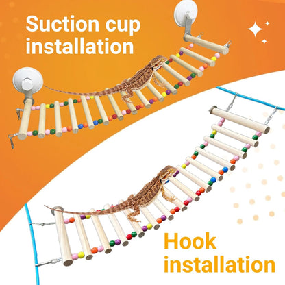Bearded Dragon Tank Accessories, Wooden Ladder Hammock with Suction Cups for Terrarium, Habitat Climbing Accessories for Bearded Dragon, Gecko, Snake and Other Small Reptile
