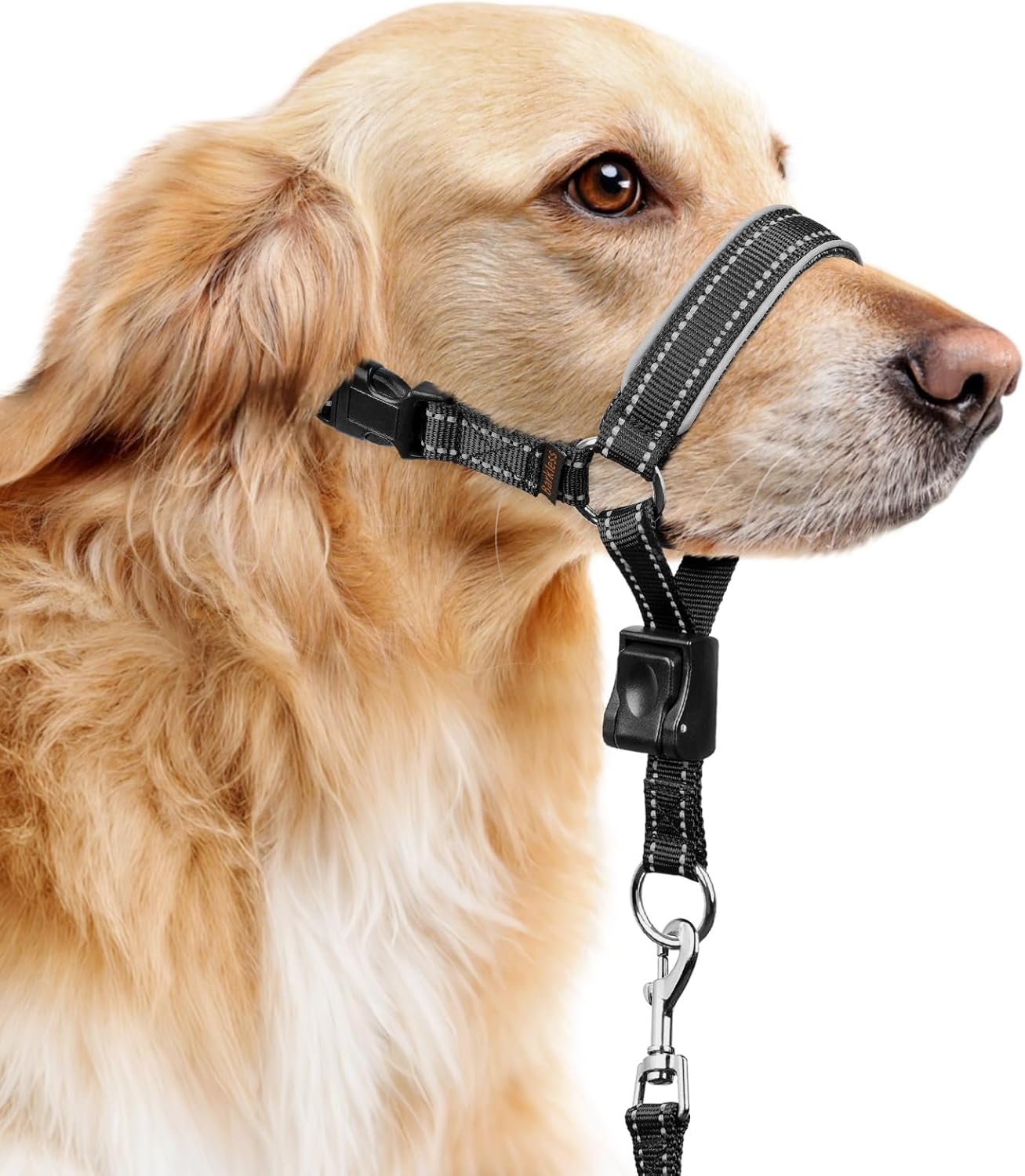 BARKLESS Soft Nylon Dog Head Collar for Large Medium Dog, Reflective Padding Head Halter for Training, Adjustable Muzzle Leash No Pulling, Jumping, Nose Leash Ideal for Walking (Black, M)