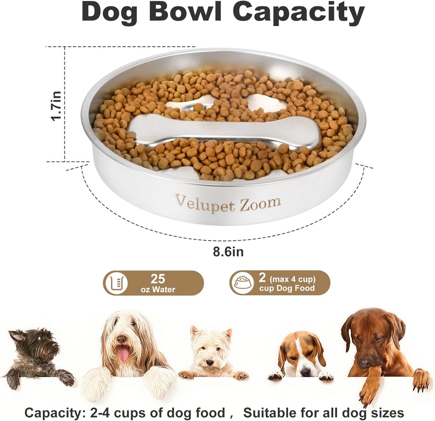 Slow Feeder Dog Bowls,Non-Slip Base Stainless Steel Pet Food Bowls,2 Cups Metal Dog Slow Feeder Bowl for Large Medium Breed,Double-Sided