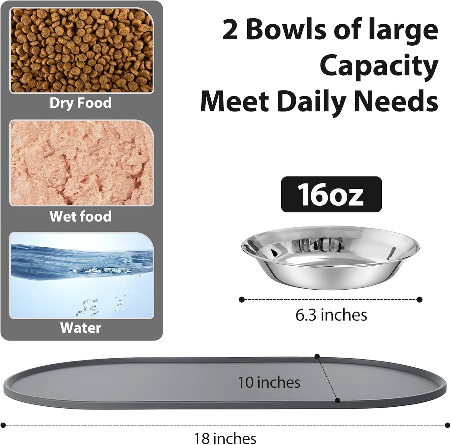 3-Pack Cat Bowls with Food Mat,6.3 Inches Stainless Steel Cat Food Bowl,Wide Tapered Design Whisker-Friendly Food and Water Bowl for Feeding Dogs and Cats,Dishwasher Safe,SUS 316