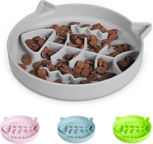 Silicone Cat Slow Feeder Bowl with Suction Cups - Interactive Puzzle Toy to Reduce Overeating in Kitty(Gray, 1 Cup)