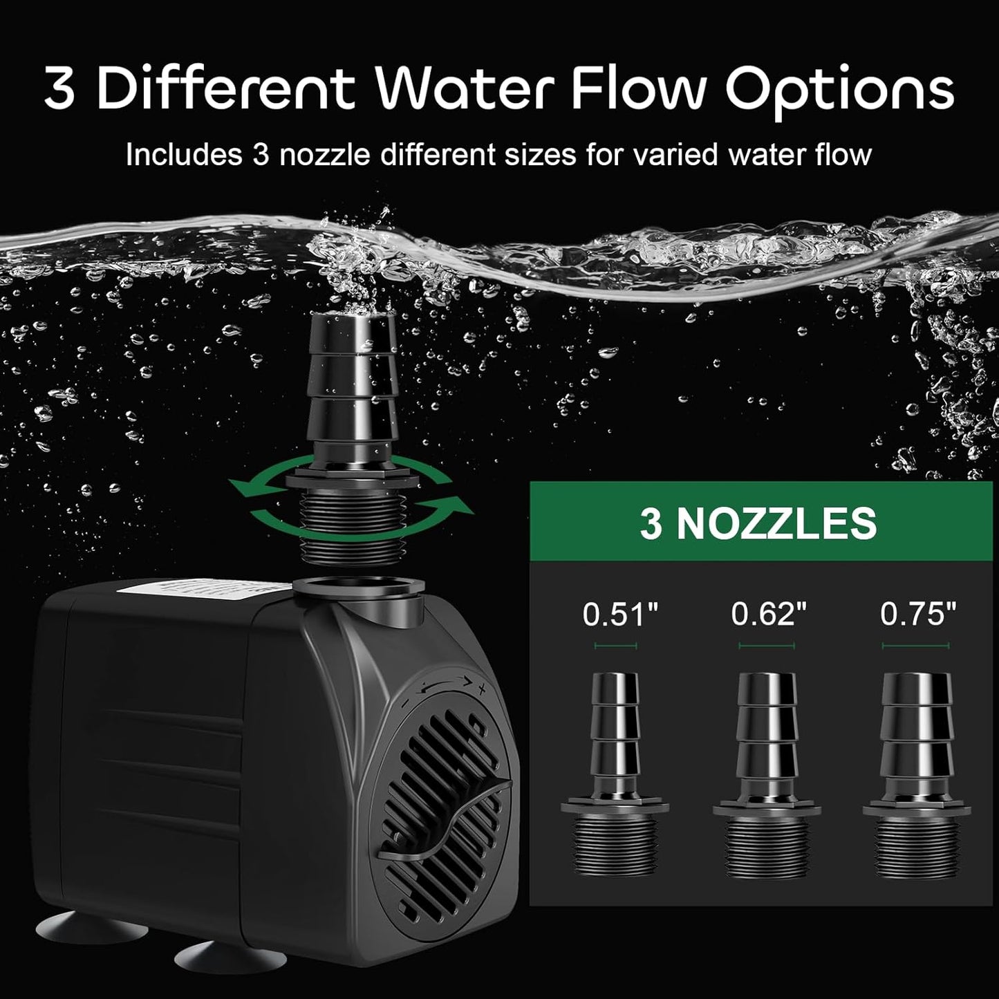 GROWNEER 550GPH Submersible Pump 30W Fountain Water Pump, 2000L/H, with 7.2ft High Lift, 3 Nozzles for Aquarium, Fish Tank, Pond, Hydroponics, Statuary
