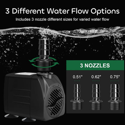 GROWNEER 550GPH Submersible Pump 30W Fountain Water Pump, 2000L/H, with 7.2ft High Lift, 3 Nozzles for Aquarium, Fish Tank, Pond, Hydroponics, Statuary