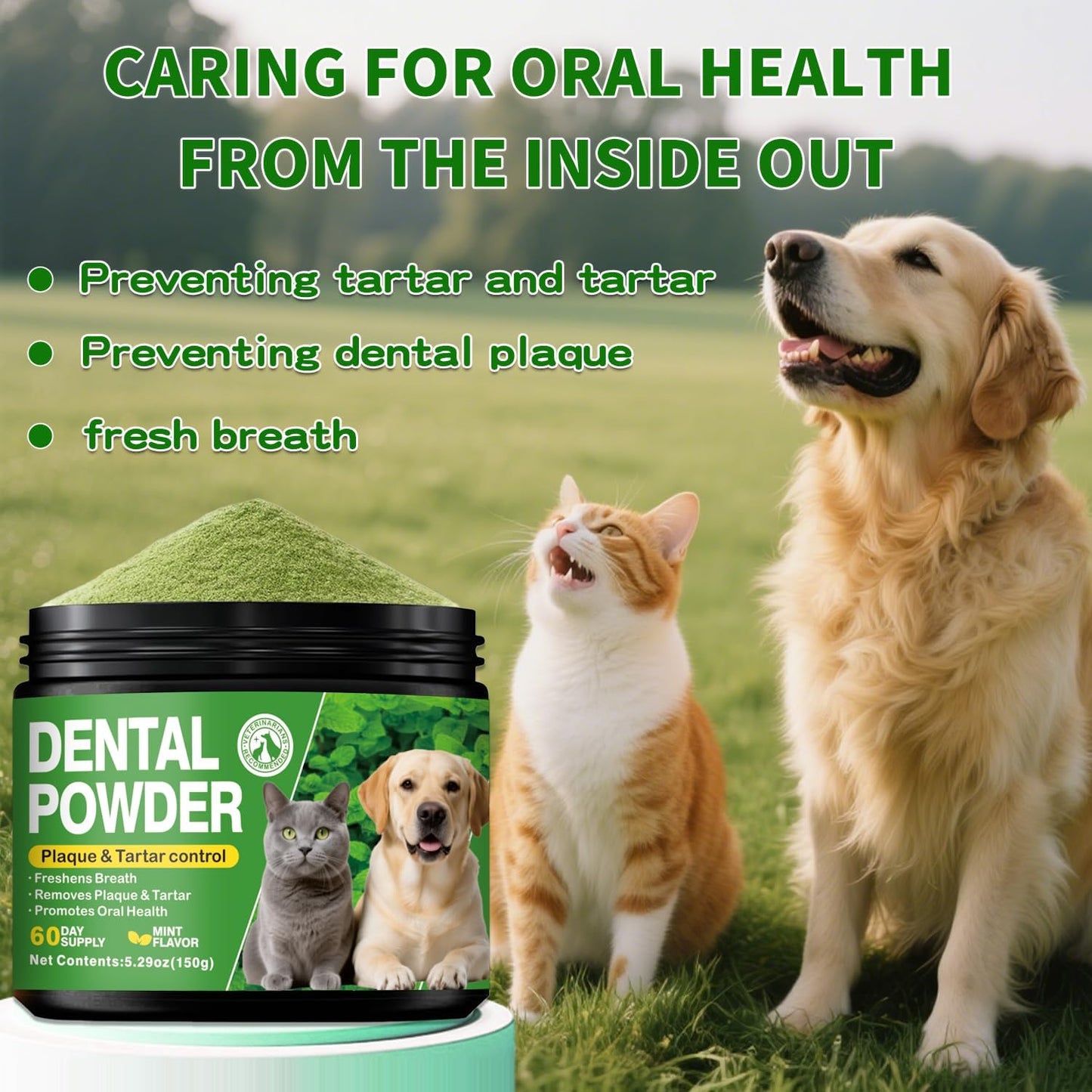 J-PRQ Dog Teeth Cleaning Powder - Dog Dental Powder with Enzymes & Probiotics | Plaque & Tartar Remover | Fresh Breath Treatment for Dogs | Mint Flavor - 60-Day Supply