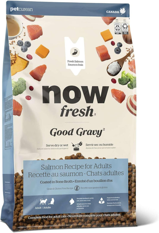 Now Fresh Good Gravy Grain-Free Dry Cat Food with Salmon, Healthy Kibble for Adults & Seniors Coated in Bone Broth – Just Add Water to Moisten, Chicken-Free Recipe for Sensitive Stomachs, 3 lb Bag