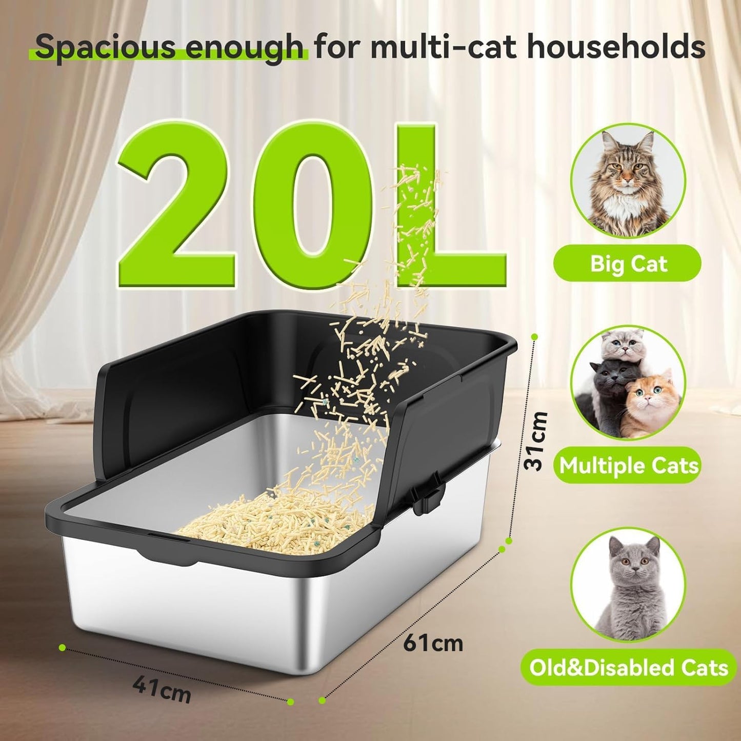 Stainless Steel Litter Box, Large Metal Cat Litter Boxes with High Sided for Big Cats Multiple Cats 24"X20"X16"