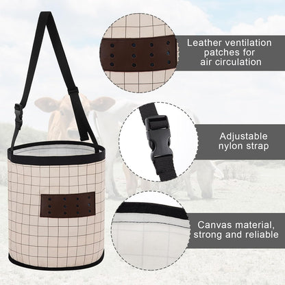 2 Pack Horse Feed Bags 13 Inch in Depth Vented Leather Canvas Horse Food Bucket with Adjustable Strap Waterproof Hay Feeding Supplies, Safety and No-Spill Flap Design