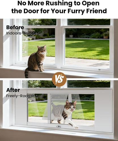 Upgraded Pet Cat Door for Window, Adjustable Width of 35"-46" Window Cat Door Insert, Quick Installation Pet Doors for Cats Small Dog with Aluminum Frame, Tight Seal, Safety & Weatherproof, HD Glass