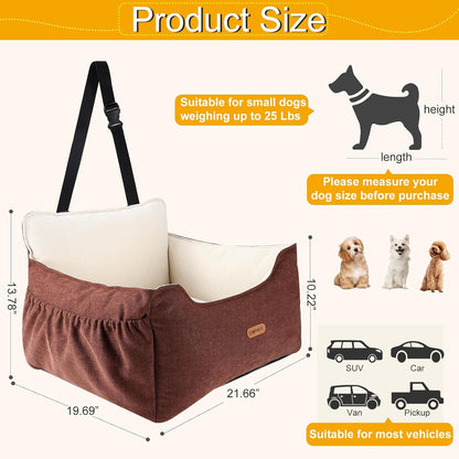 Dog Car Seat for Small Dogs Under 25Lbs, Portable Comfy Safe Puppy Car Seat Travel Bed with Storage Pockets, Fully Detachable Washable Dog Booster Carseats for Front & Back Seats, Brown